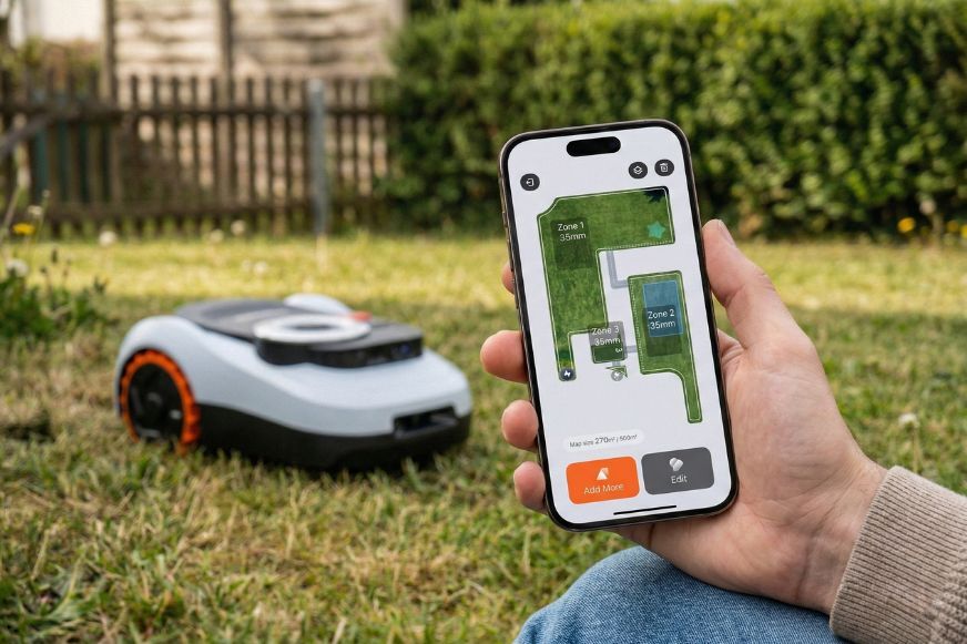 Navimow App Screenshot der GeoSketch-Funktion während der automatischen Gartenkartierung des Segway Navimow i2 LiDAR. Die App erstellt eine fotorealistische Karte in Echtzeit.
